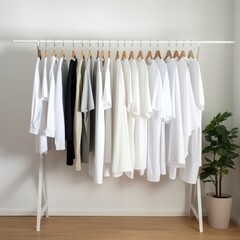hanger with white, black, gray clothes. selection of clothes by a stylist. capsule wardrobe. clothing store. minimalism. Rack with stylish women's clothes