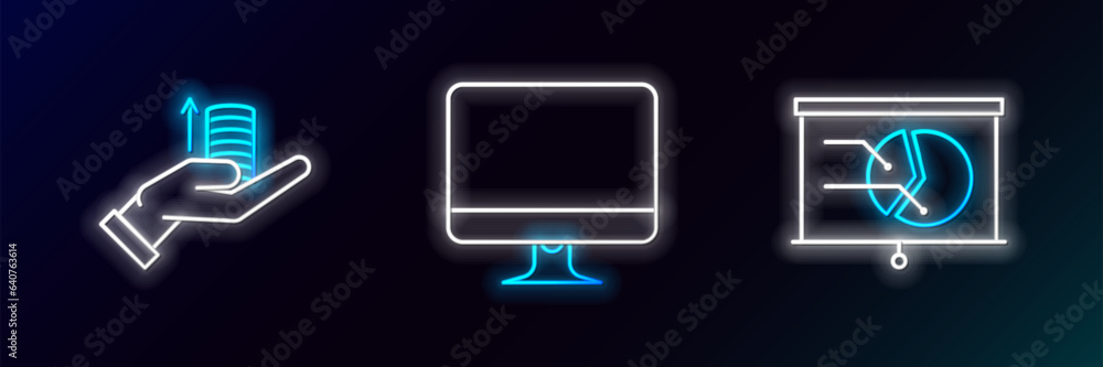 Poster set line board with graph chart, money on hand and computer monitor screen icon. glowing neon. vecto