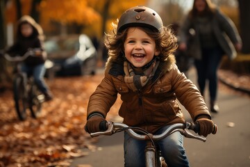 Fototapeta premium Cute little girl riding a bicycle in autumn park. Happy child having fun outdoors. generative AI