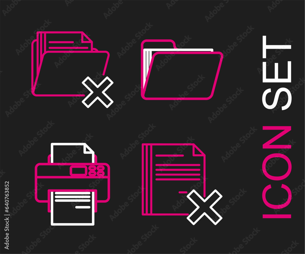 Poster set line delete file document, printer, document folder and icon. vector