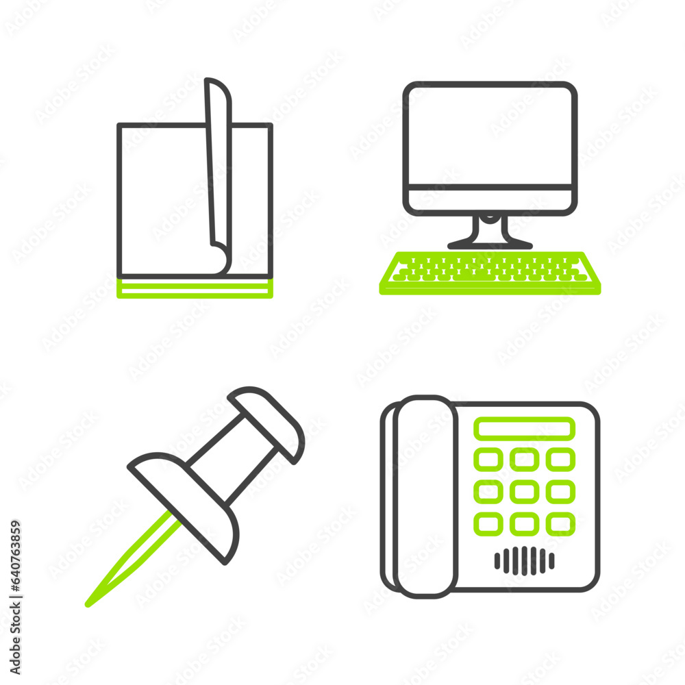 Poster set line telephone, push pin, computer monitor with keyboard and file document icon. vector