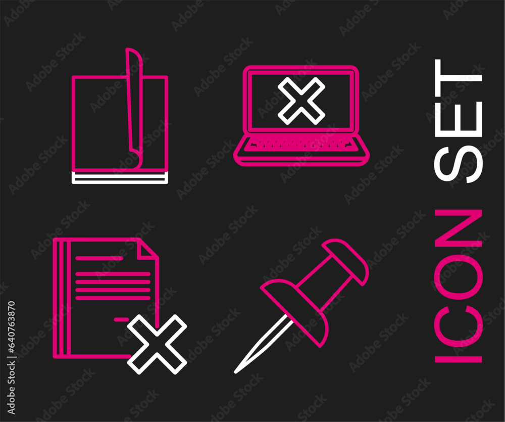 Poster set line push pin, delete file document, laptop and cross mark on screen and file icon. vector