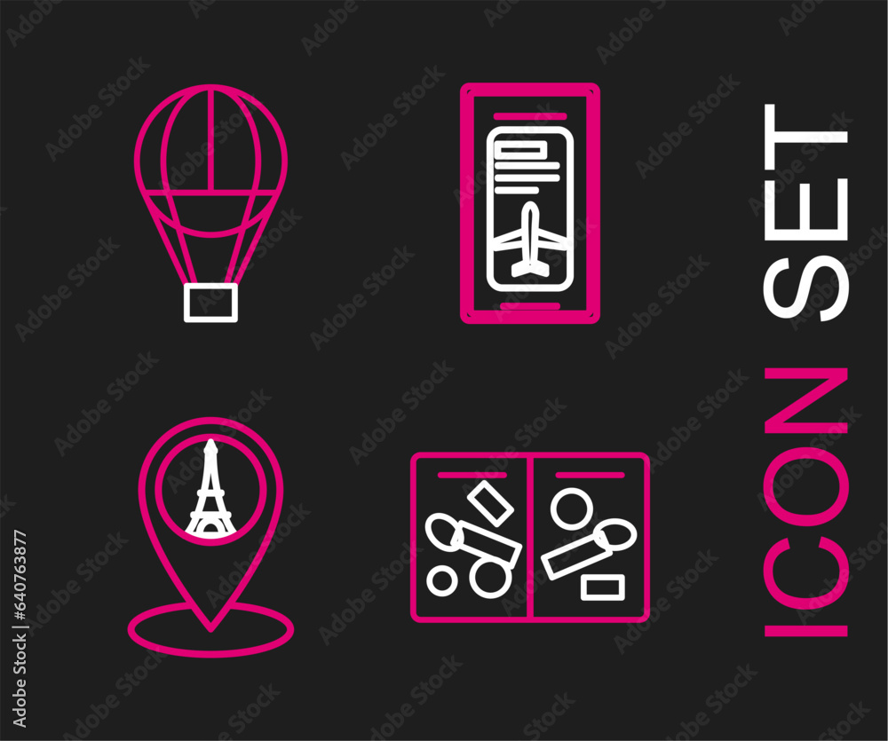 Poster set line passport pages with visa stamps, map pointer eiffel tower, smartphone electronic boarding p