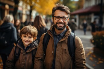 Portrait of a smiling father and son on the street in autumn going to school, first day at school. generative AI