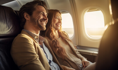 Happy smiling couple is flying in an airplane in first class, travel relax and recharge