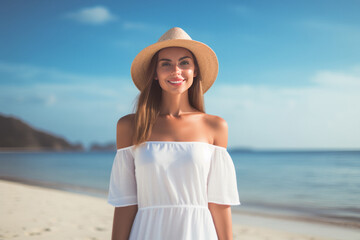 Fototapeta na wymiar A young woman wearing a light white dress and a hat is standing on the beach smiling.generative ai 