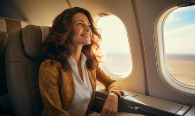 Smiling happy business woman flying in an airplane in first class, Woman sitting inside an airplane