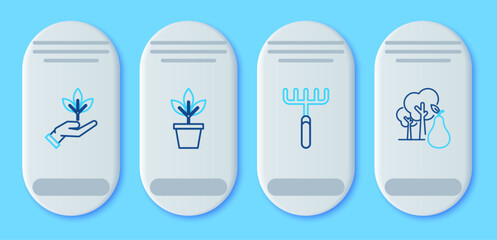 Set line Flowers in pot, Garden rake, Plant hand of environmental protection and Tree with pears icon. Vector