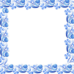 Square watercolor frame in folklore style. Hand-drawn blue ornament elements. Folk, ethnic style. Template for an inscription, text.
