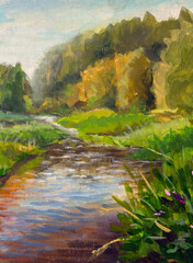 Acrylic painting River and bushes along the banks. Illustration of nature sunny summer landscape with river