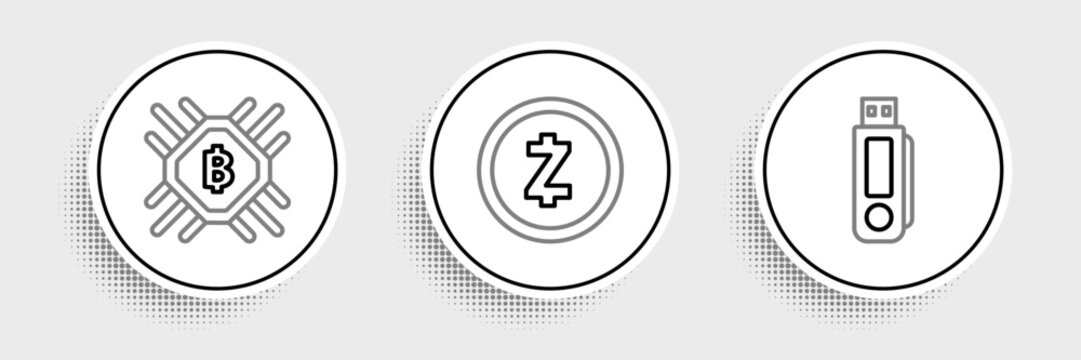 Set line USB flash drive, CPU mining farm and Cryptocurrency coin Zcash ZEC icon. Vector