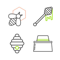 Set line Beekeeper with protect hat, Hive for bees, Honey dipper stick dripping honey and and honeycomb icon. Vector