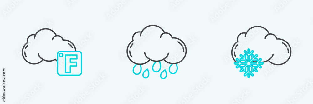 Poster set line cloud with snow, fahrenheit and cloud and rain icon. vector