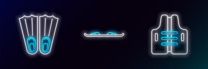 Set line Life jacket, Rubber flippers for swimming and Snowboard icon. Glowing neon. Vector
