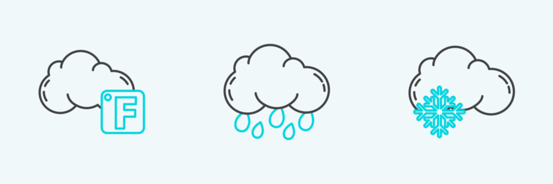 Set line Cloud with snow, Fahrenheit and cloud and rain icon. Vector