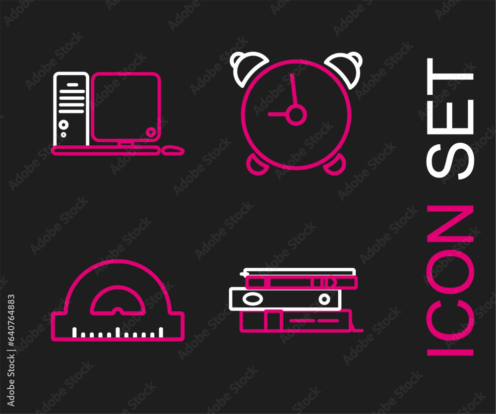 Poster set line office folders with papers and documents, protractor grid for measuring degrees, alarm cloc