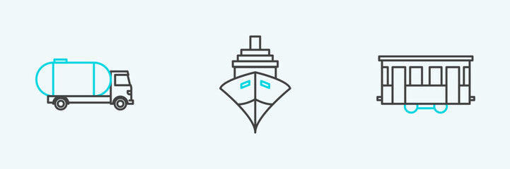 Set line Old city tram, Tanker truck and Cargo ship icon. Vector