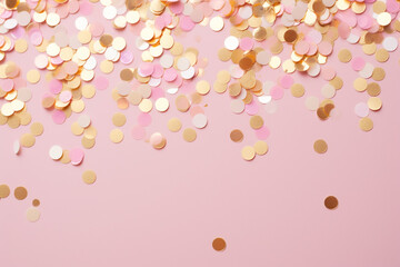 gold and pink confetti on a pastel pink background