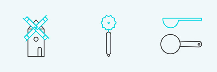 Set line Measuring spoon, Windmill and Pizza knife icon. Vector