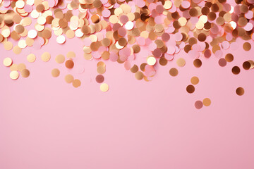 gold and pink confetti on a pastel pink background
