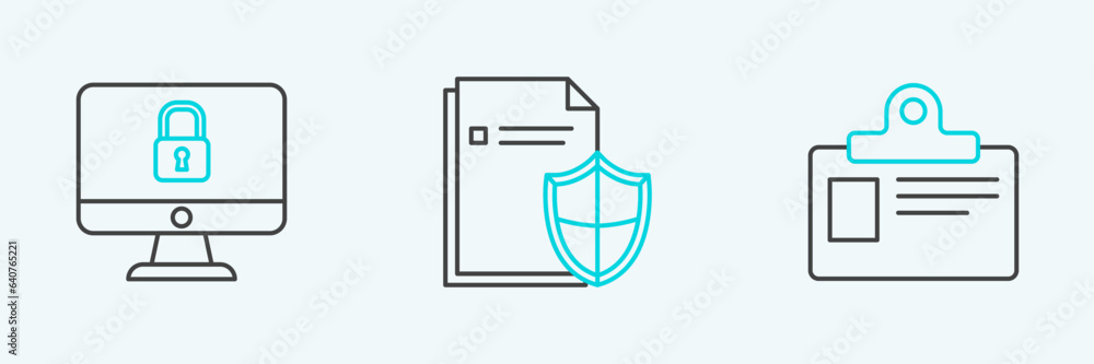 Poster set line identification badge, lock computer monitor screen and document protection concept icon. ve