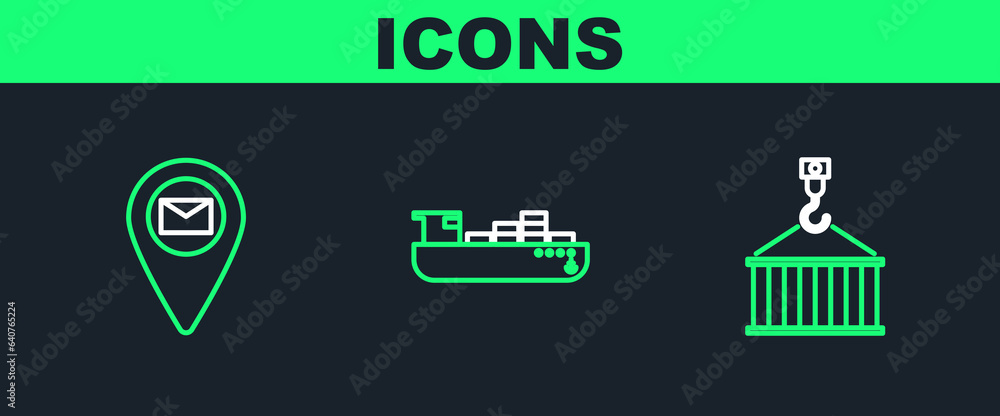 Poster set line container on crane, placeholder map paper and cargo ship with boxes delivery service icon. 