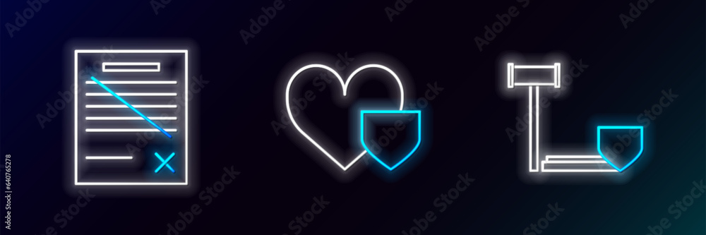Poster set line judge gavel with shield, delete file document and heart icon. glowing neon. vector