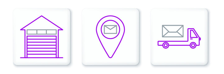 Set line Post truck, Closed warehouse and Placeholder on map paper icon. Vector