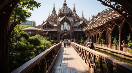 Obraz premium Tourists walk on the wooden bridge in front of The Grand Palace in Bangkok, Thailand.