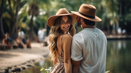 Beautiful couple in hats hugging and looking at each other in park at Indonesia.