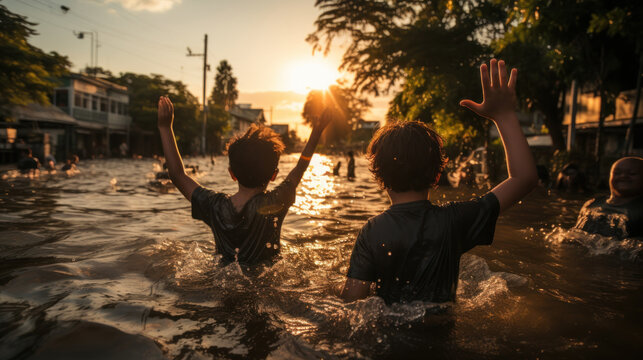 Asian Children Playing In The Water During The Flood Of The River At Sunset.