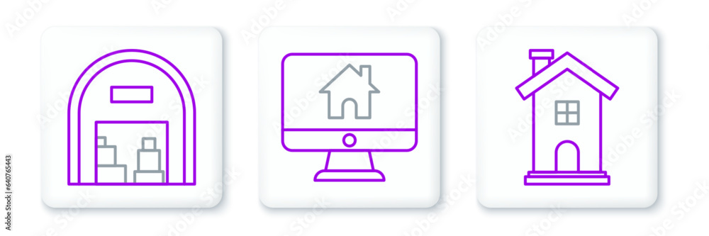 Poster set line home symbol, warehouse and computer monitor with smart home icon. vector