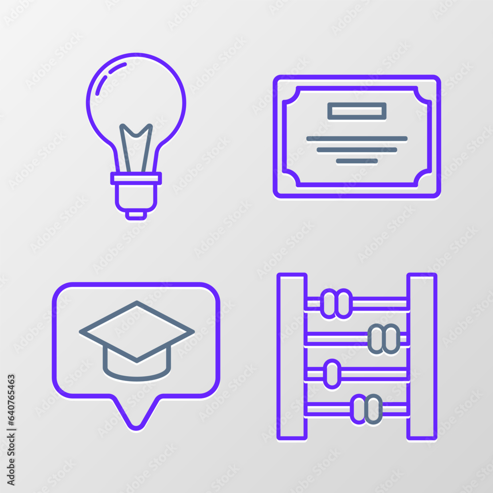 Poster set line abacus, graduation cap in speech bubble, certificate template and light bulb with concept o