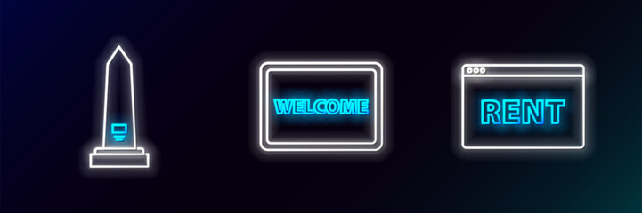 Set line Hanging sign with text Online Rent, Washington monument and Doormat the Welcome icon. Glowing neon. Vector