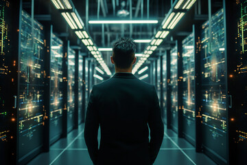 Generative ai collage photo of professional it specialist analyzing data warehouse room