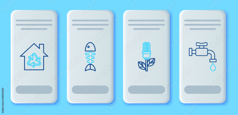 Poster set line fish skeleton, light bulb with leaf, eco house recycling symbol and water tap icon. vector