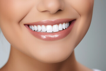 Fototapeta premium Generative AI concept close up cropped photo of woman mouth with perfect white bright smile and healthy teeth