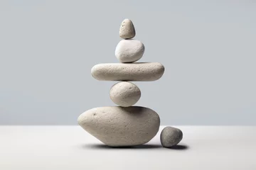 Foto auf Acrylglas A stone zen composition captures the essence of minimalistic simplicity and tranquility. Balanced rock stacks on a gray and white background. Concept of peace, wellness, and mindfulness. Copy space © Garnar