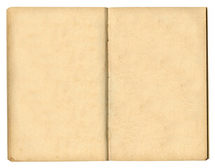 Open old book on a white background. Top view.