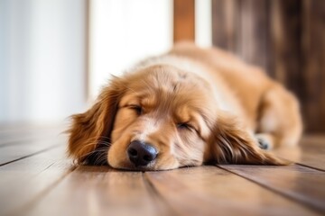 A dog laying on the floor with its eyes closed. Digital image.