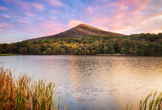 Sunrise over Sharptop Mountain and Abbott Lake, Peaks of Otter, Blue Ridge Parkway, Virginia.