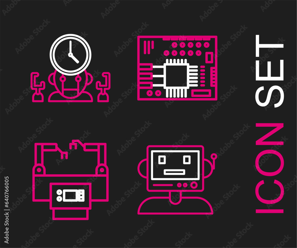 Aufkleber set line robot, assembly line, printed circuit board pcb and and digital time manager icon. vector