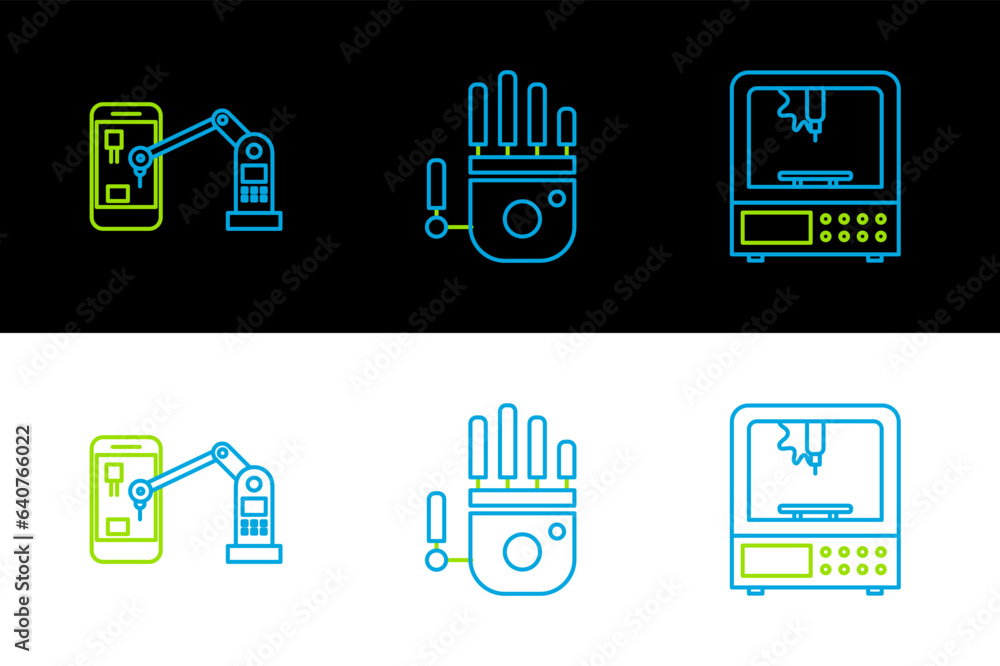 Poster set line 3d printer, industrial machine robotic robot arm hand and mechanical icon. vector