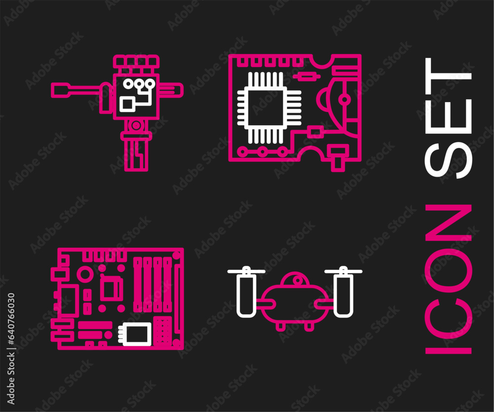 Poster set line drone flying with action camera, electronic computer components motherboard digital chip, p