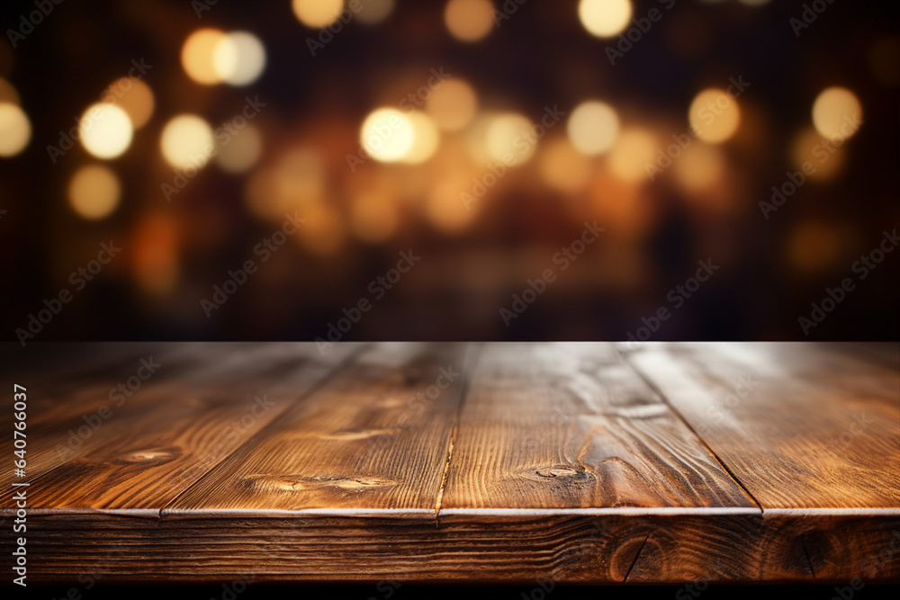 Poster generative ai picture of an evening cozy romantic atmosphere view wooden table in front of blurred b