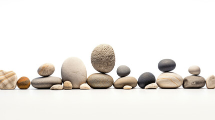A serene composition of balanced, stone stacks in Vertical line on a white background, embodying the essence of zen and harmony. Minimalistic and calming, scene invites contemplation and relaxation