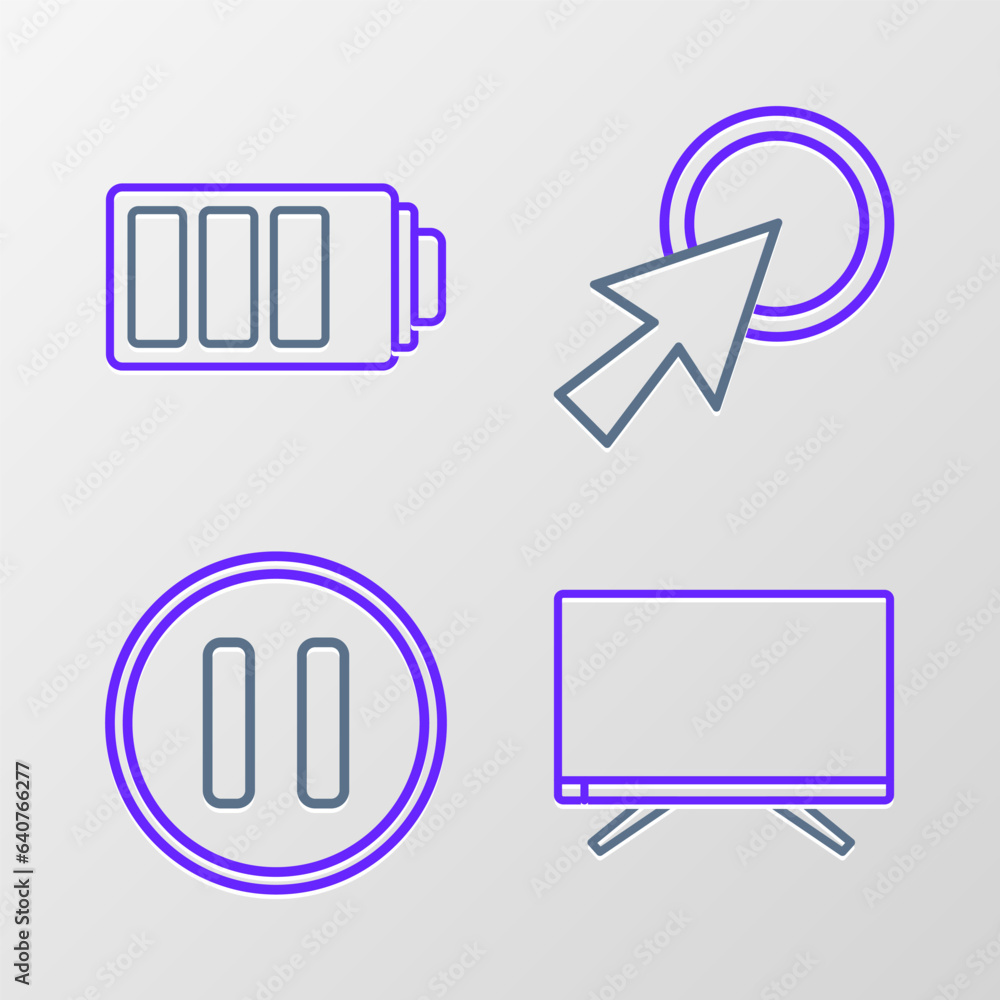 Poster set line smart tv, pause button, arrow cursor and battery charge level indicator icon. vector