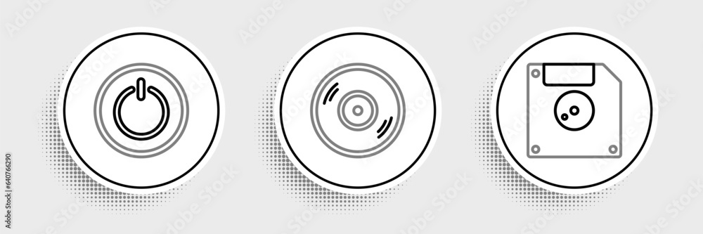 Poster set line floppy disk for computer data storage, power button and vinyl icon. vector