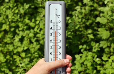 Gray thermometer in a woman's hand on a natural green background. Summer temperature records.
