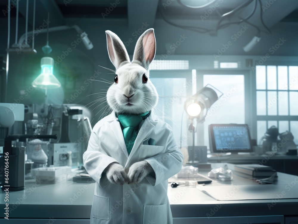 Poster a rabbit dressed in a lab coat and tie. generative ai.